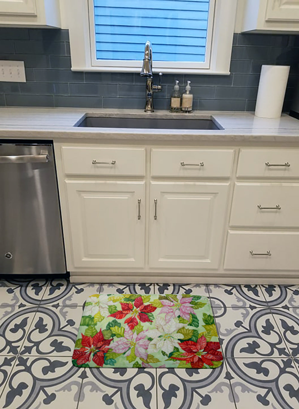 Poinsettias by Ferris Hotard Memory Foam Kitchen Mat Machine Washable Anti-Fatigue Cushion Comfort Bath or Kitchen Rug