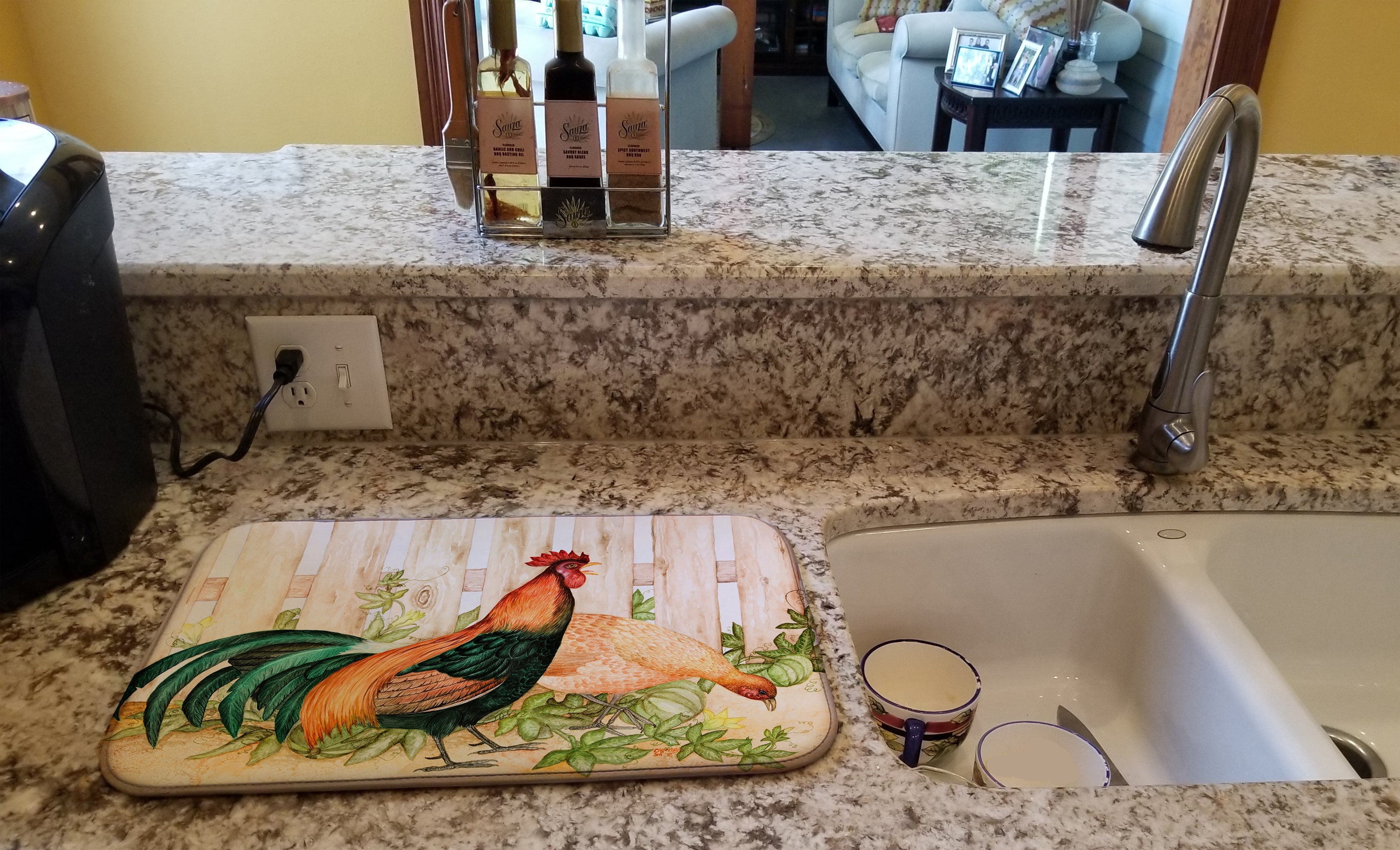 Chicken and Rooster by Ferris Hotard Dish Drying Mat Absorbent Dish Drying Mat Pad for Kitchen Counter Dish Drainer Mat for Countertop, 14 x 21", Multicolor