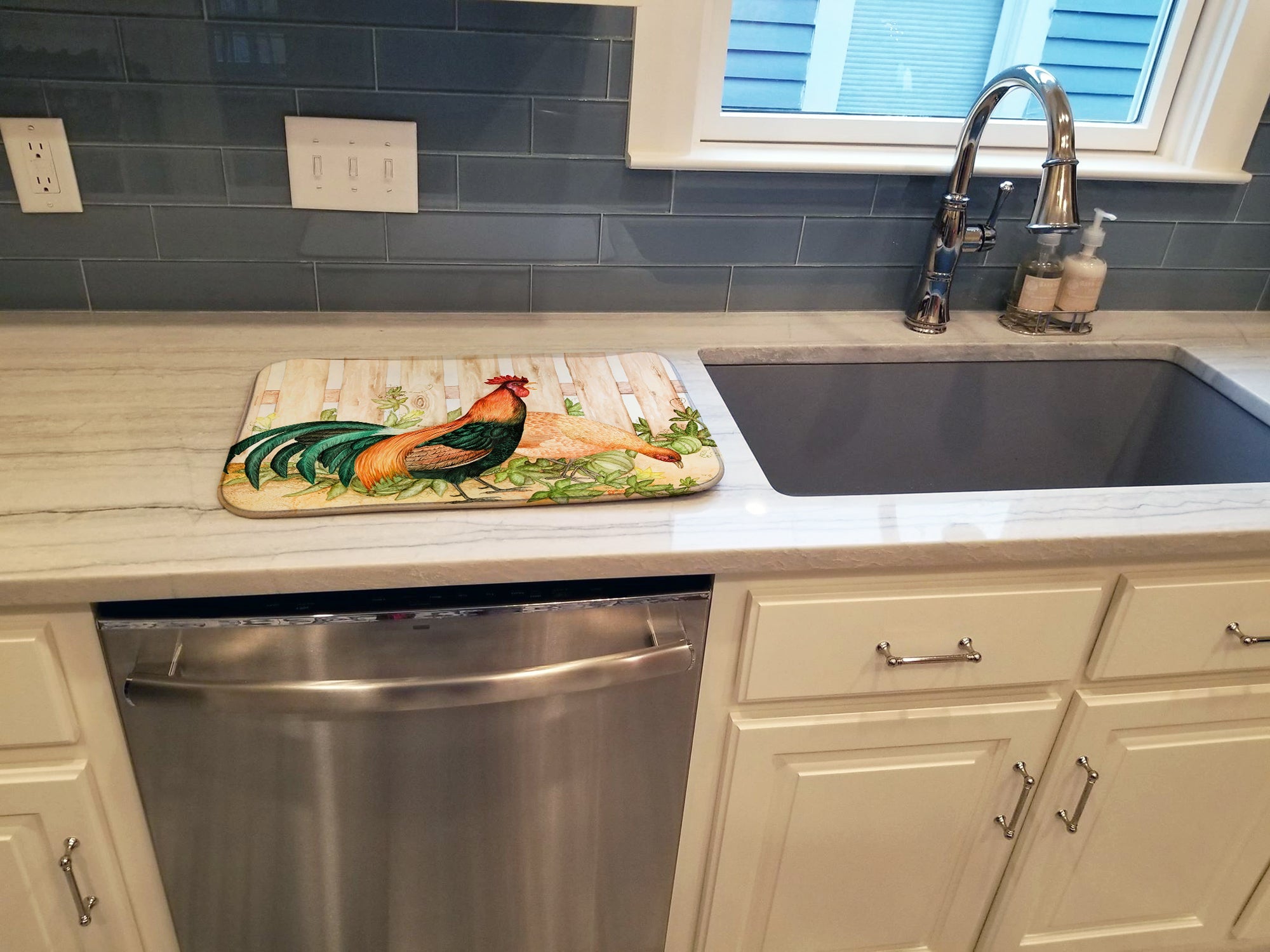 Chicken and Rooster by Ferris Hotard Dish Drying Mat Absorbent Dish Drying Mat Pad for Kitchen Counter Dish Drainer Mat for Countertop, 14 x 21", Multicolor