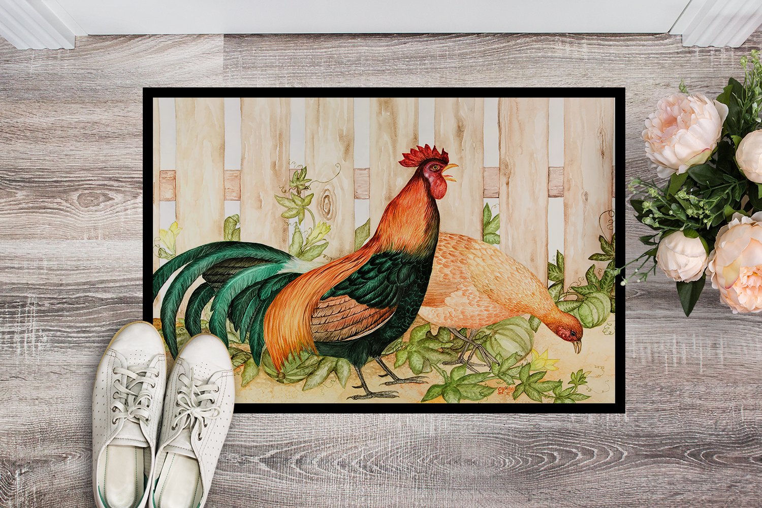 Chicken and Rooster by Ferris Hotard Doormat Indoor Outdoor 24H X 36W Front Door Mat Rugs for Entryway, Non Slip Washable Low Pile,
