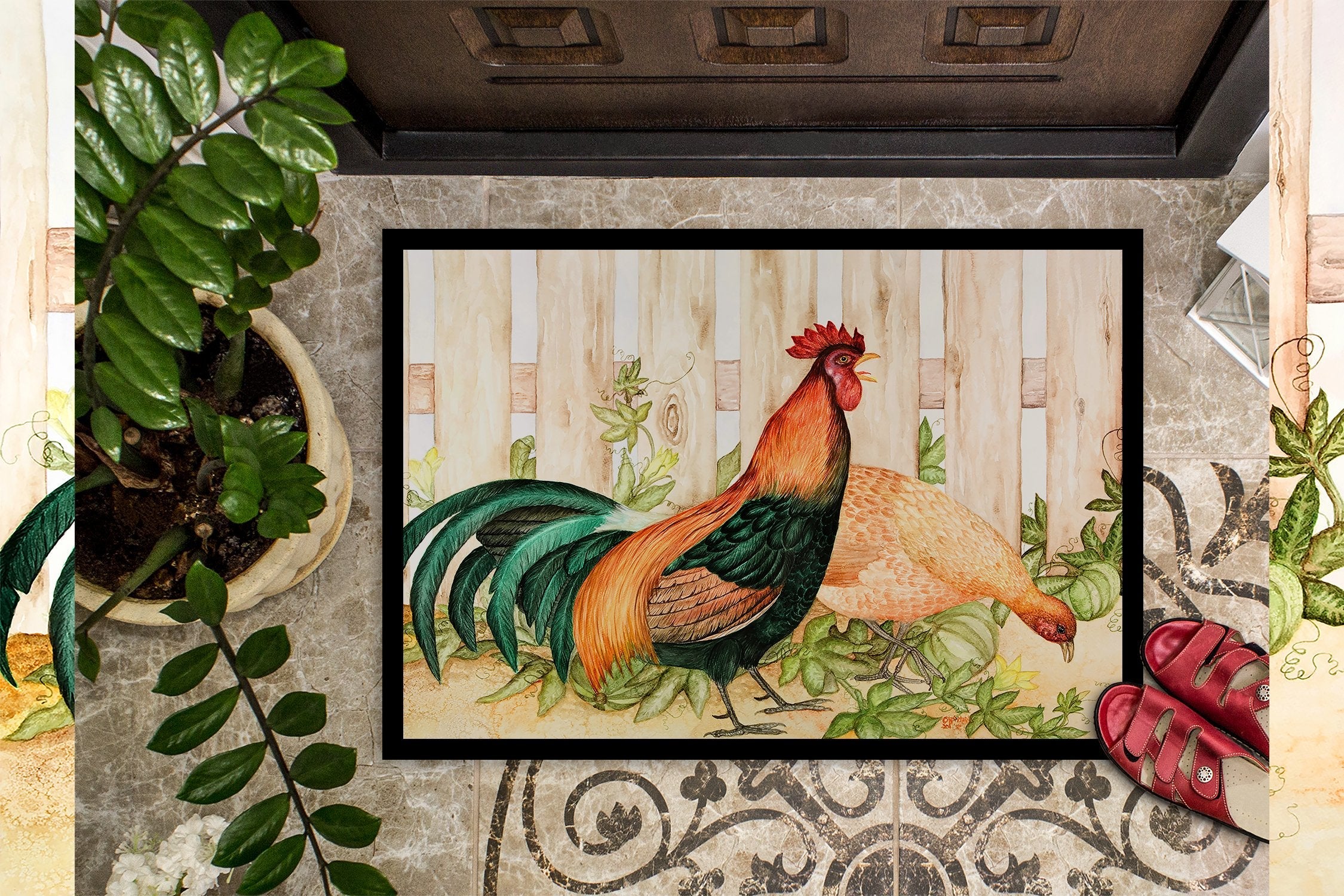 Chicken and Rooster by Ferris Hotard Doormat Indoor Outdoor 24H X 36W Front Door Mat Rugs for Entryway, Non Slip Washable Low Pile,