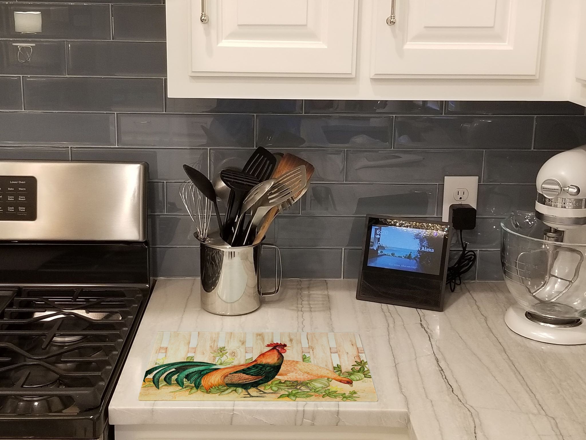 Chicken and Rooster by Ferris Hotard Cutting Board Tempered Glass Kitchen Cutting Surface, Heat Resistant Chopping, Non-Slip Feet, Food Prep & Serving