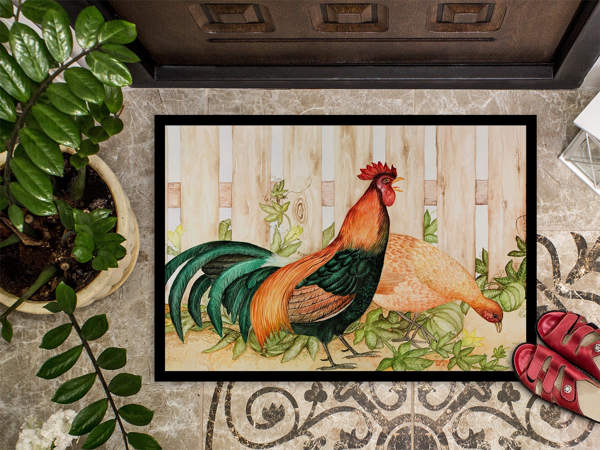 Chicken and Rooster by Ferris Hotard Doormat Indoor Outdoor 18H X 27W Front Door Mat Rugs for Entryway, Non Slip Washable