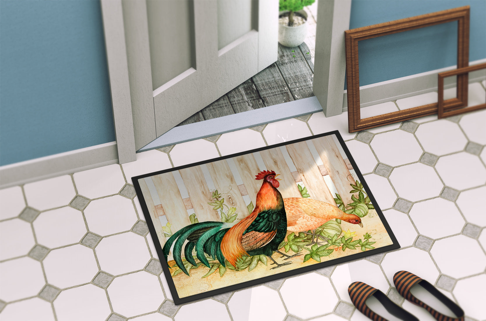 Chicken and Rooster by Ferris Hotard Doormat Indoor Outdoor 18H X 27W Front Door Mat Rugs for Entryway, Non Slip Washable
