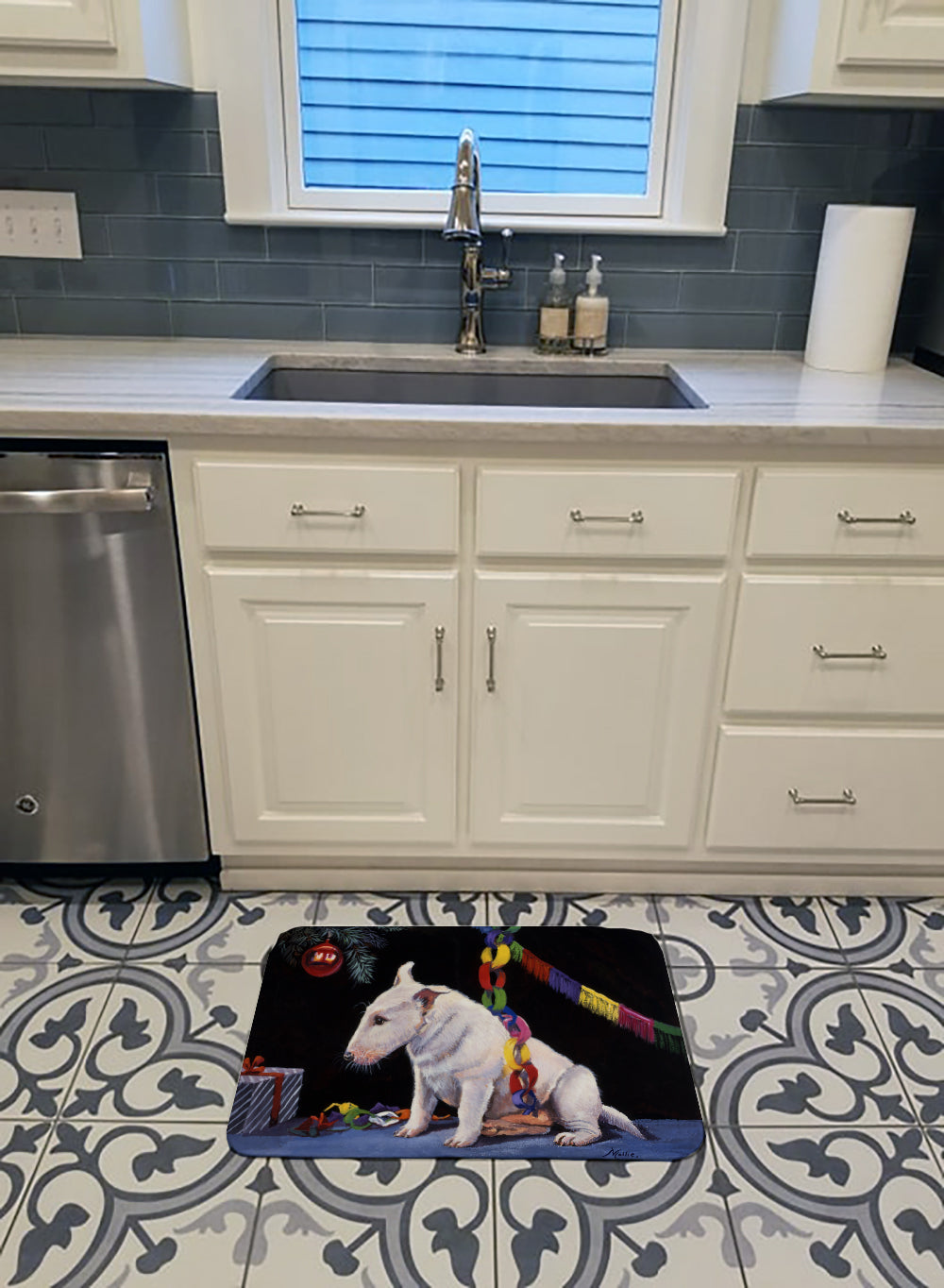 Bull Terrier under the Christmas Tree Memory Foam Kitchen Mat Machine Washable Anti-Fatigue Cushion Comfort Bath or Kitchen Rug