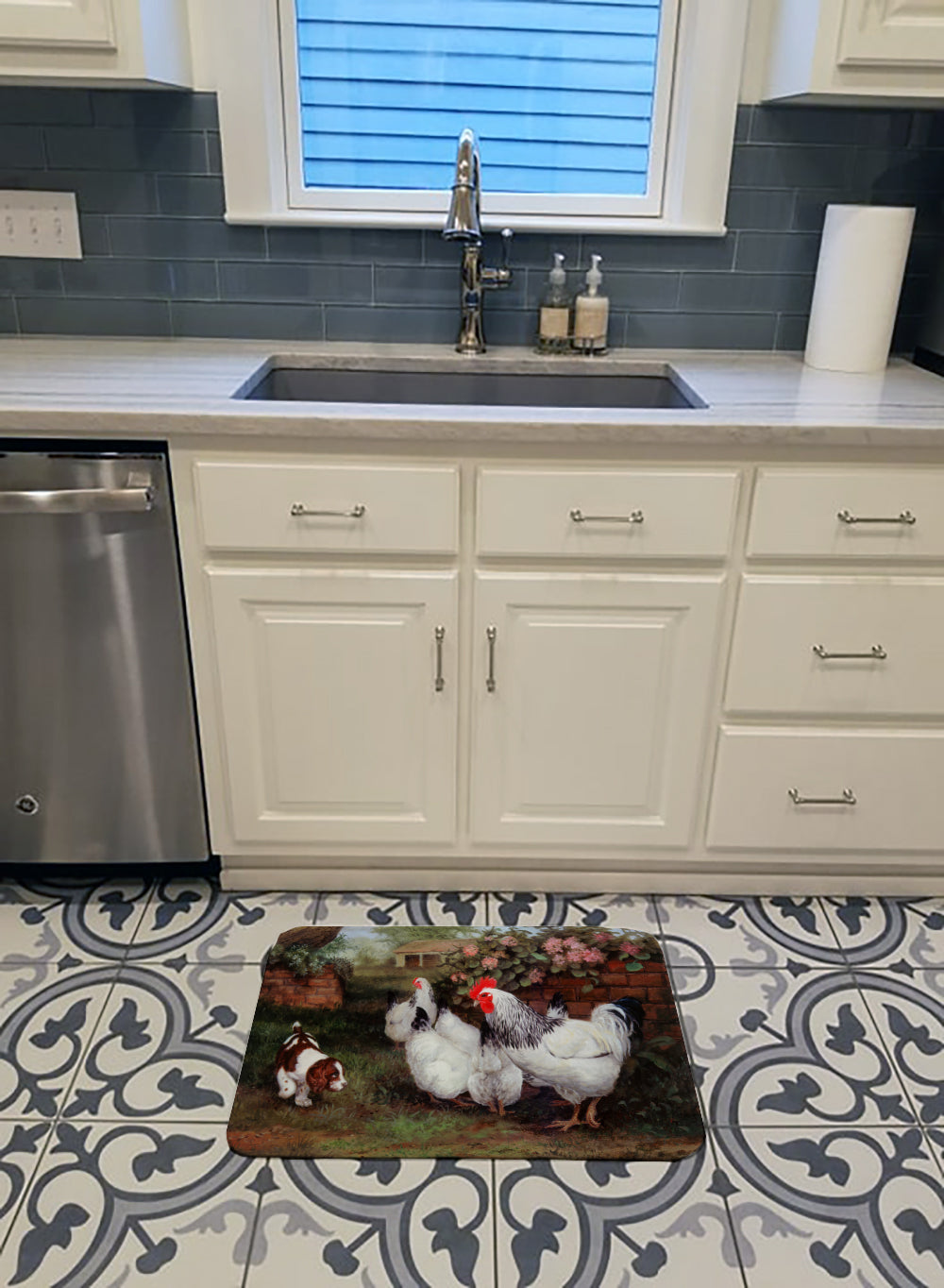 Chickens, Hens and Puppy Memory Foam Kitchen Mat Machine Washable Anti-Fatigue Cushion Comfort Bath or Kitchen Rug
