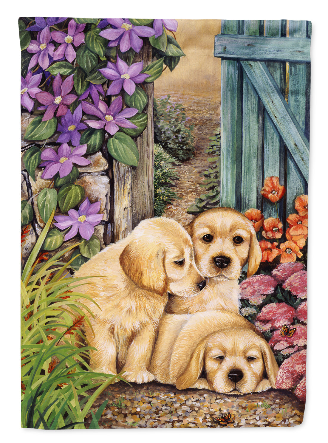 Yellow Labrador Puppies by Lesley Hallas House Flag 28x40 Porch Sleeve Pole Decorative Outside Yard Banner Artwork Wall Hanging, Polyester
