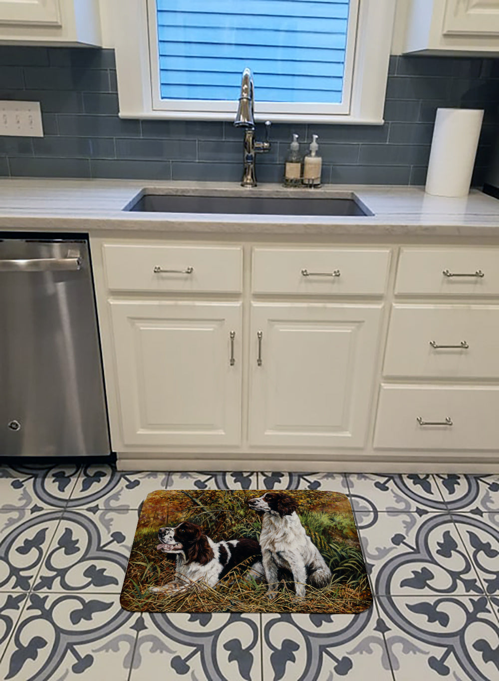 Two Springer Spaniels in the grasses Memory Foam Kitchen Mat Machine Washable Anti-Fatigue Cushion Comfort Bath or Kitchen Rug