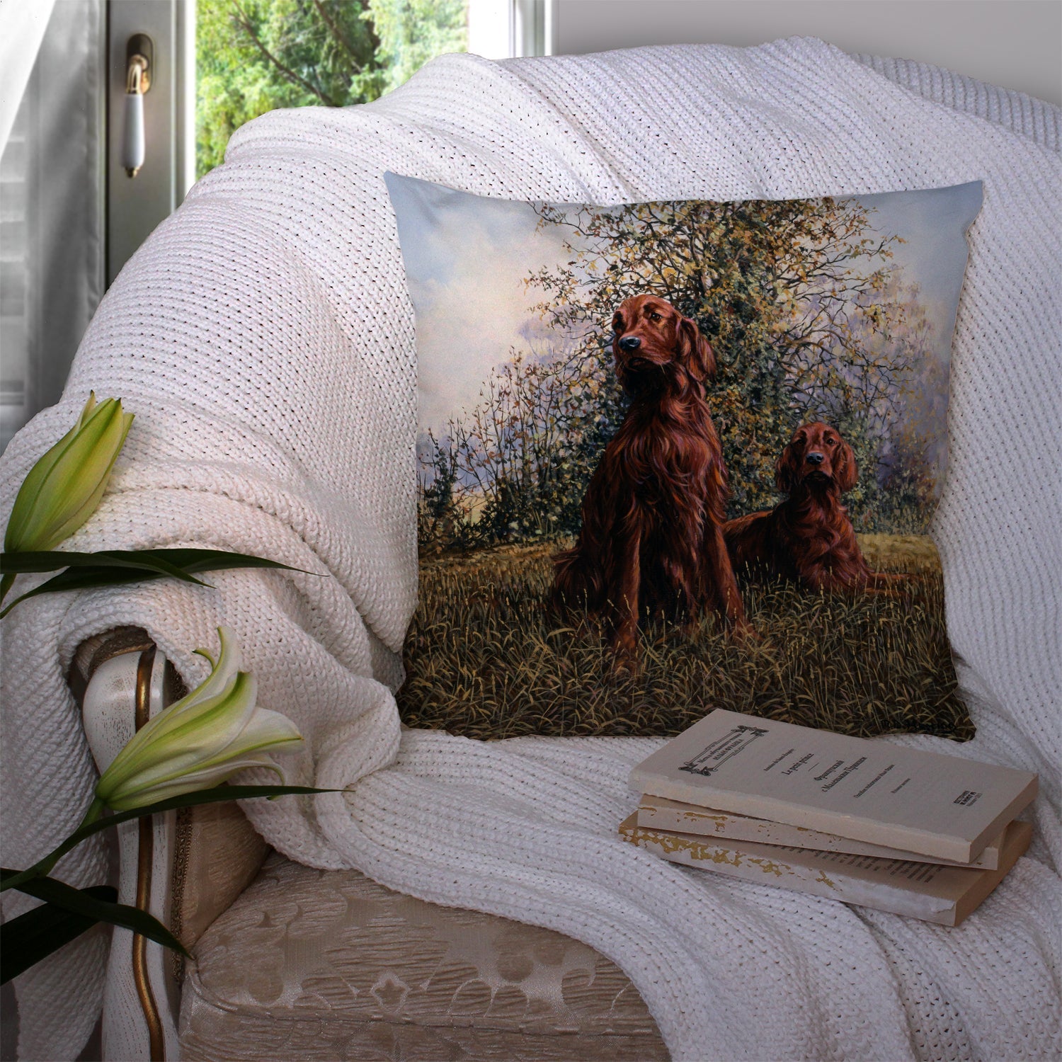 Red Irish Setters by Michael Herring Decorative Throw Pillow 14x14 Indoor Outdoor Accent Cushion, Fabric Cover with Insert for Sofa, Bed, Porch & Living Room
