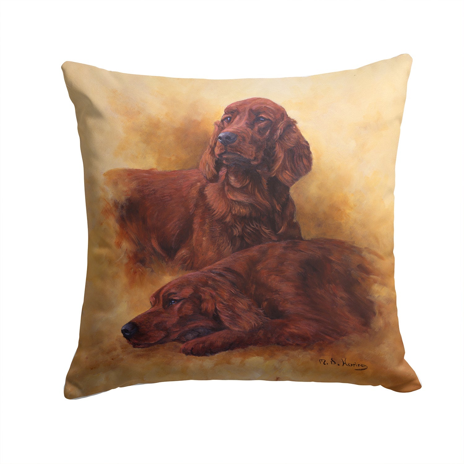 Red Irish Setters Portrait by Michael Herring Decorative Throw Pillow 14x14 Indoor Outdoor Accent Cushion, Fabric Cover with Insert for Sofa, Bed, Porch & Living Room
