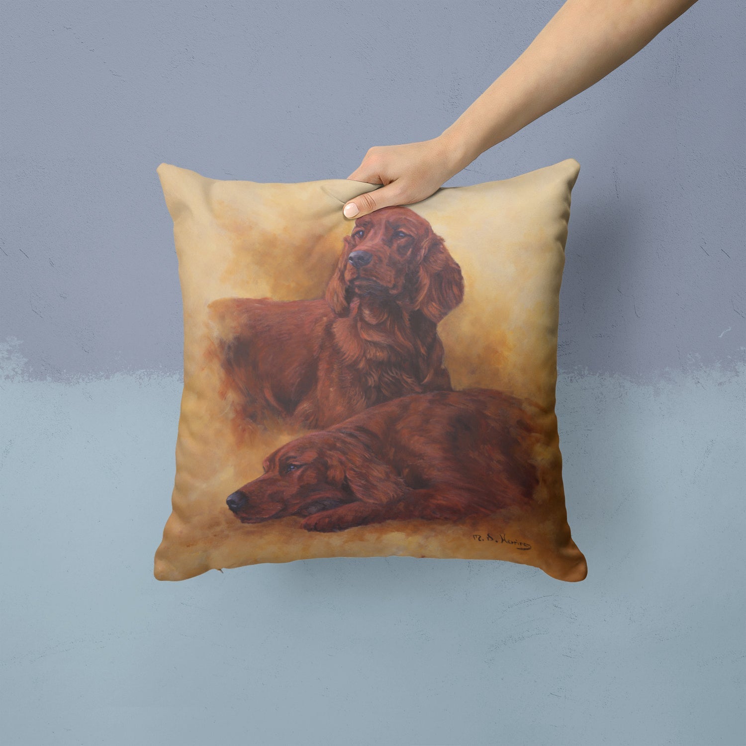 Red Irish Setters Portrait by Michael Herring Decorative Throw Pillow 14x14 Indoor Outdoor Accent Cushion, Fabric Cover with Insert for Sofa, Bed, Porch & Living Room