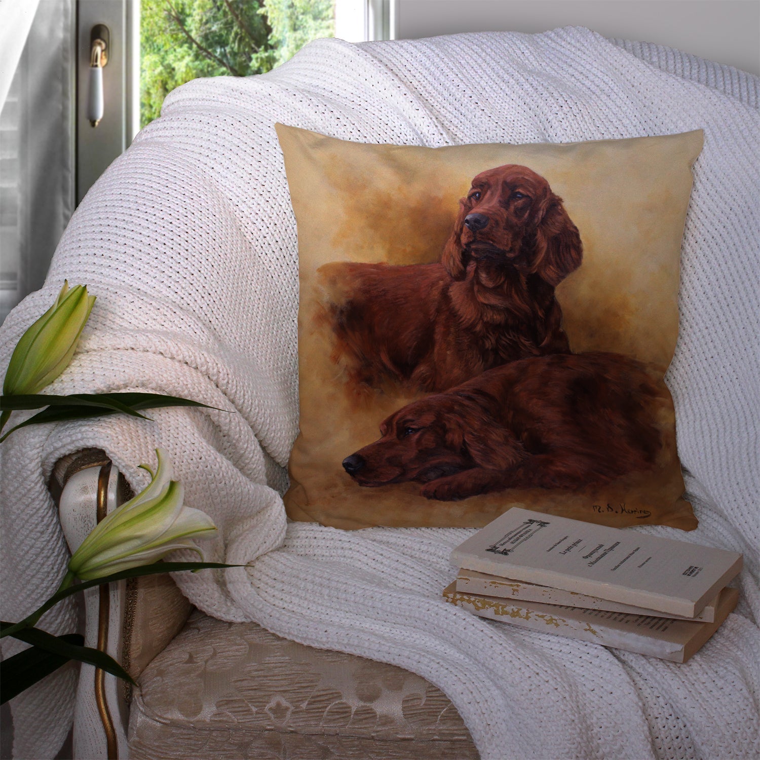 Red Irish Setters Portrait by Michael Herring Decorative Throw Pillow 14x14 Indoor Outdoor Accent Cushion, Fabric Cover with Insert for Sofa, Bed, Porch & Living Room