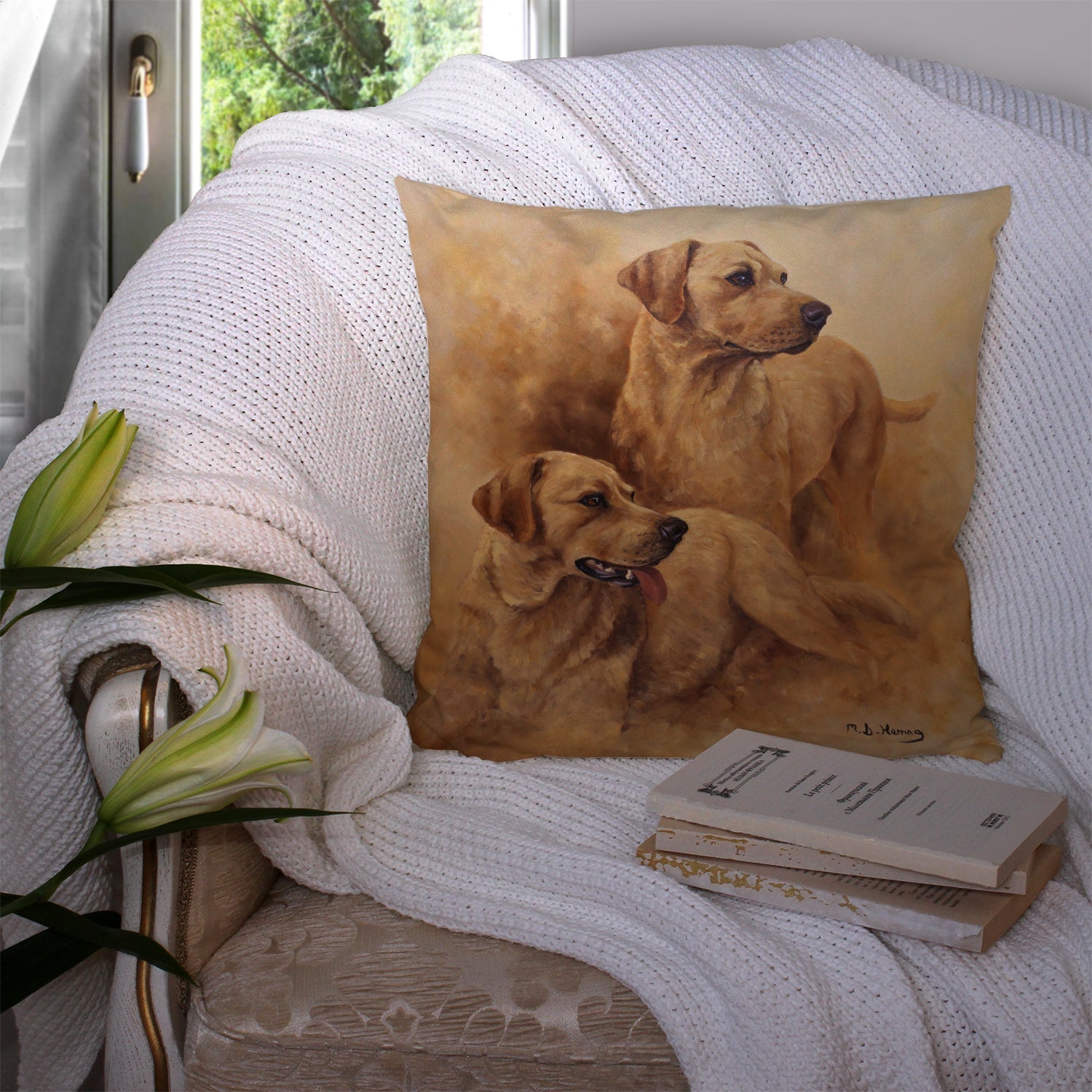 Yellow Labs by Michael Herring Decorative Throw Pillow 14x14 Indoor Outdoor Accent Cushion, Fabric Cover with Insert for Sofa, Bed, Porch & Living Room