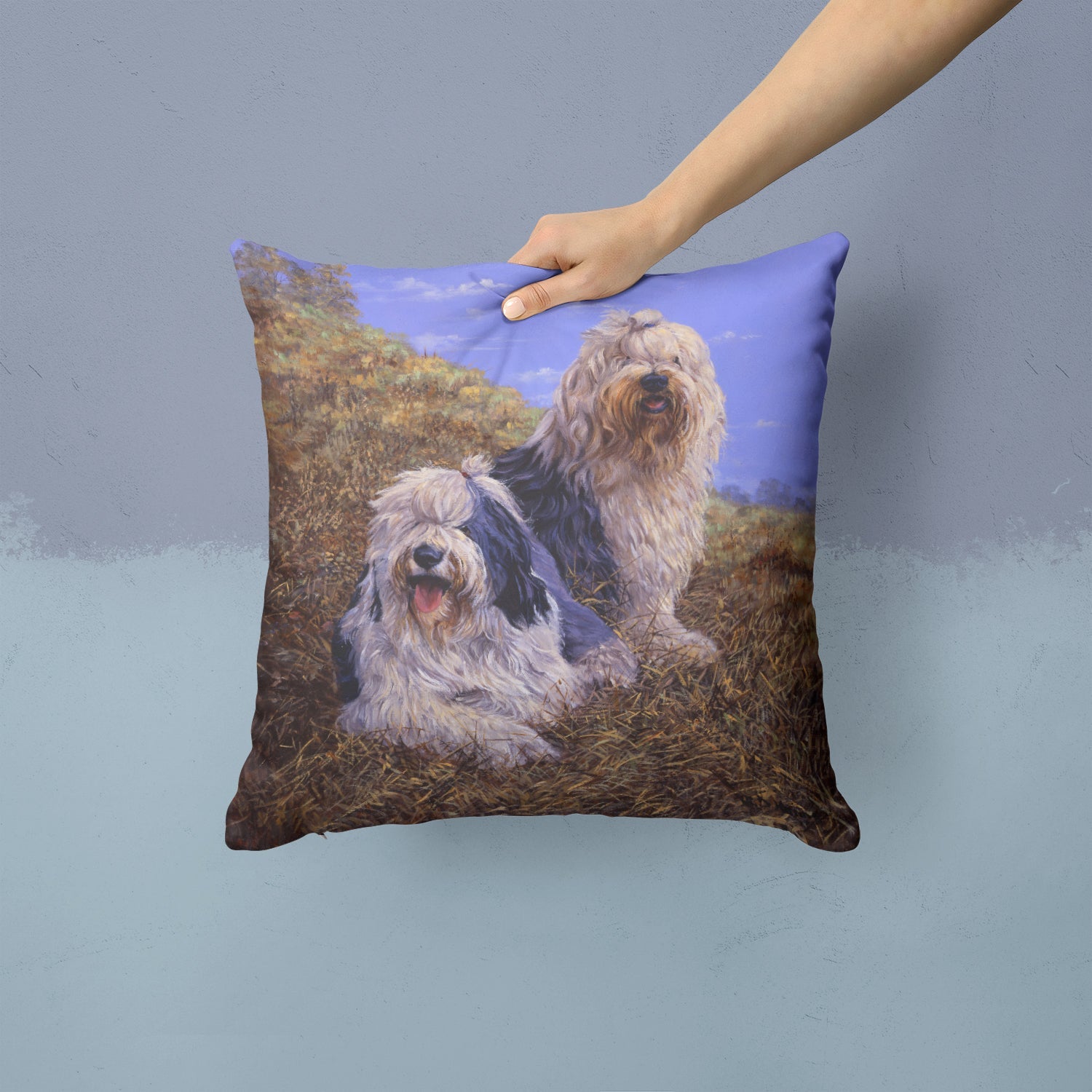Old English Sheepdogs by Michael Herring Decorative Throw Pillow 14x14 Indoor Outdoor Accent Cushion, Fabric Cover with Insert for Sofa, Bed, Porch & Living Room