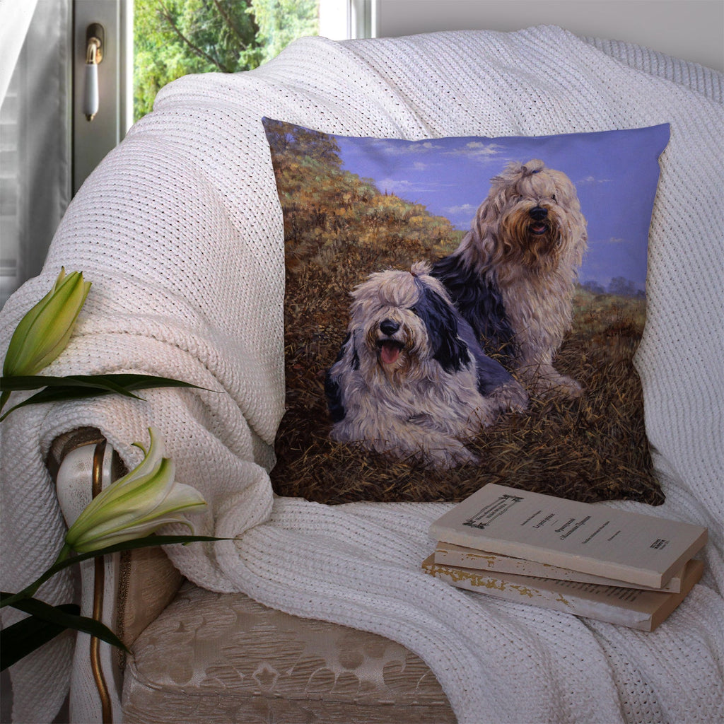 Old English Sheepdogs by Michael Herring Decorative Throw Pillow 14x14 Indoor Outdoor Accent Cushion, Fabric Cover with Insert for Sofa, Bed, Porch & Living Room