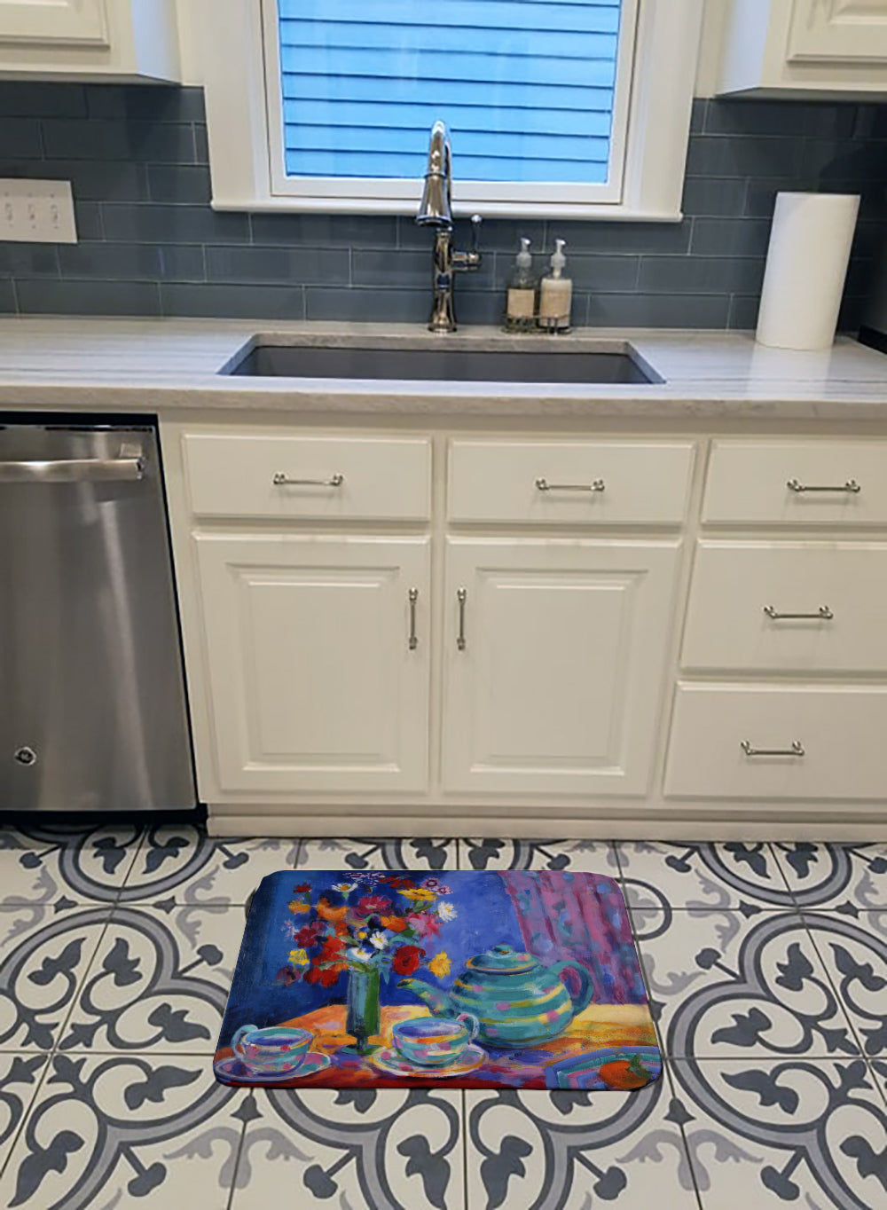 Blue Tea by Wendy Hoile Memory Foam Kitchen Mat Machine Washable Anti-Fatigue Cushion Comfort Bath or Kitchen Rug