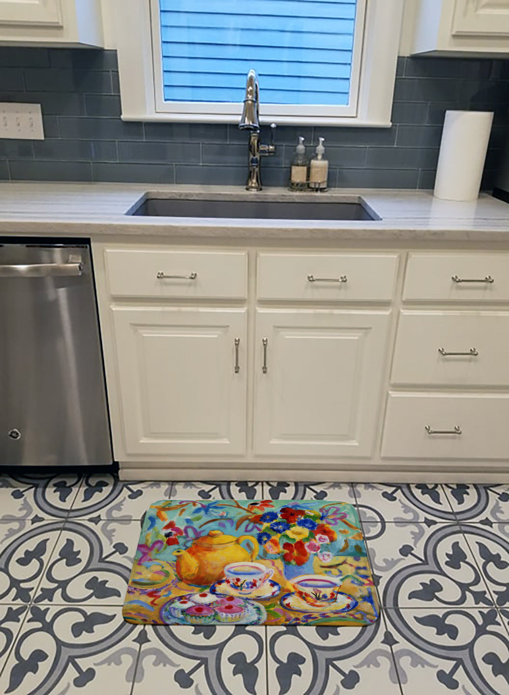 Teal Tea by Wendy Hoile Memory Foam Kitchen Mat Machine Washable Anti-Fatigue Cushion Comfort Bath or Kitchen Rug