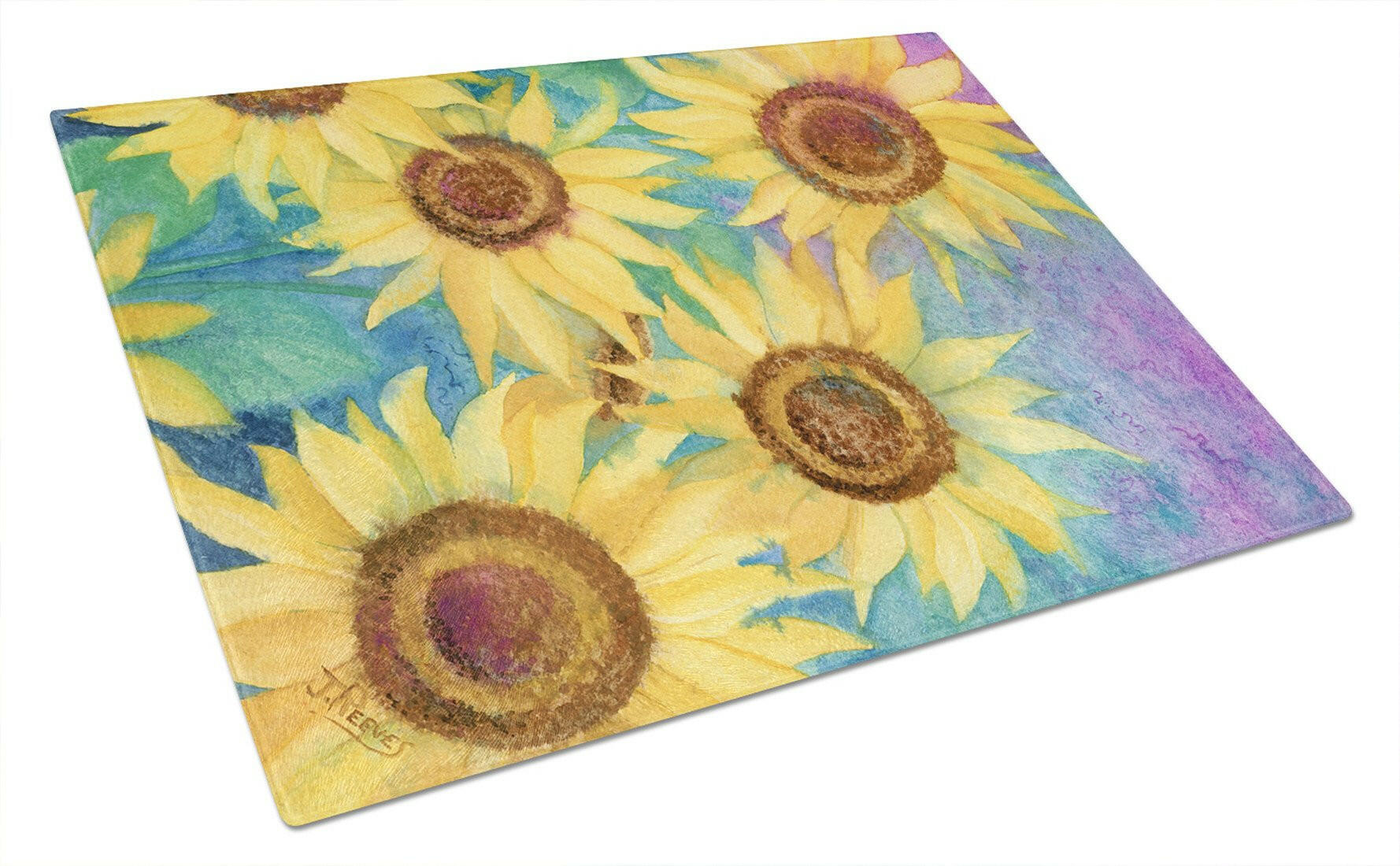Sunflowers and Purple Cutting Board Tempered Glass Kitchen Cutting Surface, Heat Resistant Chopping, Non-Slip Feet, Food Prep & Serving
