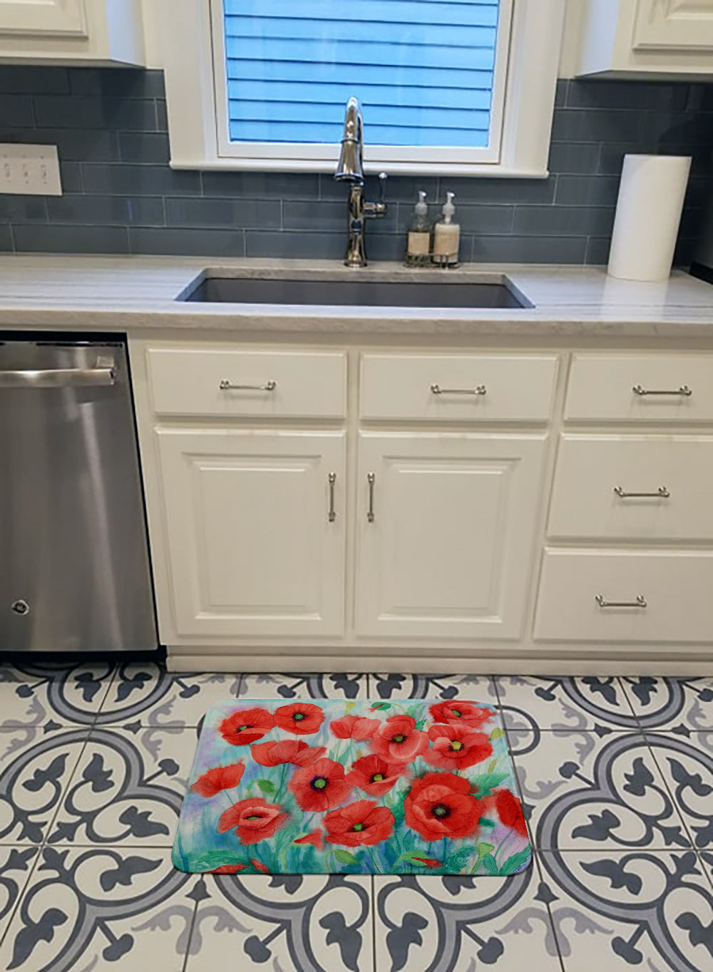Poppies Memory Foam Kitchen Mat Machine Washable Anti-Fatigue Cushion Comfort Bath or Kitchen Rug