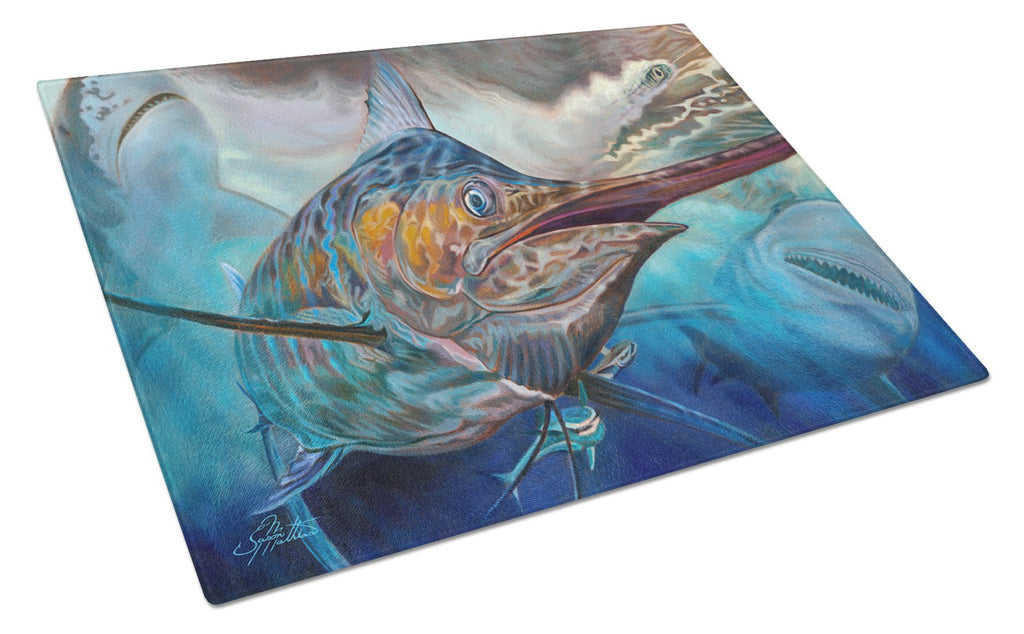 Running The Guantlet Blue Marlin Cutting Board Tempered Glass Kitchen Cutting Surface, Heat Resistant Chopping, Non-Slip Feet, Food Prep & Serving