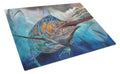 Running The Guantlet Blue Marlin Cutting Board Tempered Glass Kitchen Cutting Surface, Heat Resistant Chopping, Non-Slip Feet, Food Prep & Serving