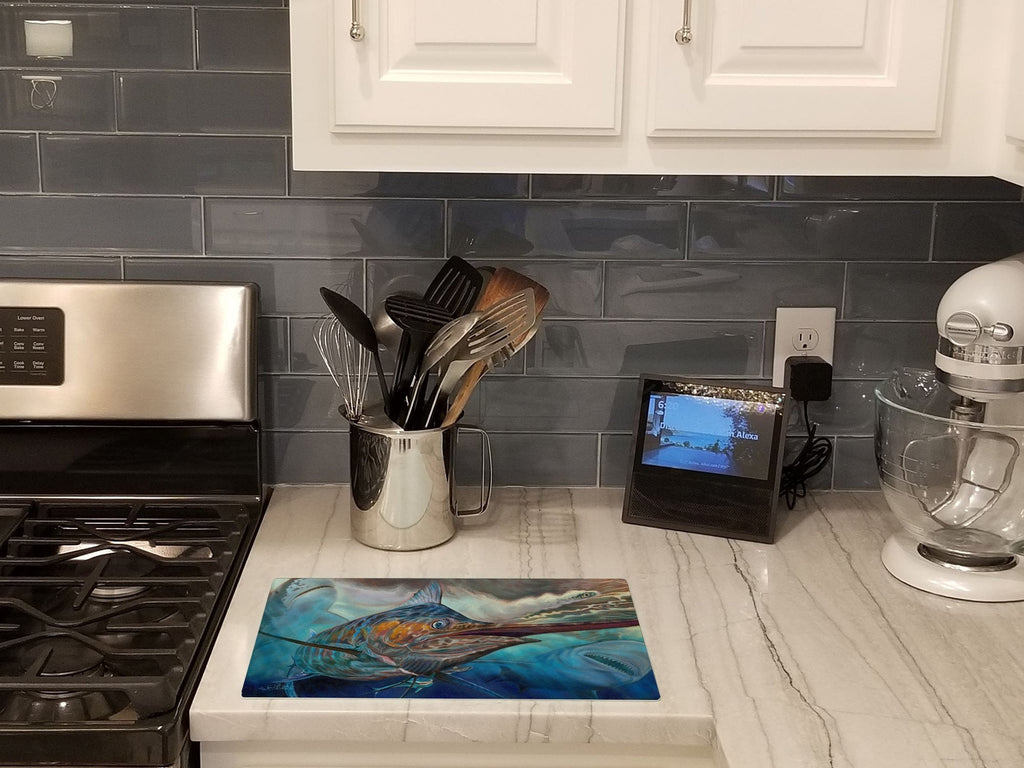 Running The Guantlet Blue Marlin Cutting Board Tempered Glass Kitchen Cutting Surface, Heat Resistant Chopping, Non-Slip Feet, Food Prep & Serving