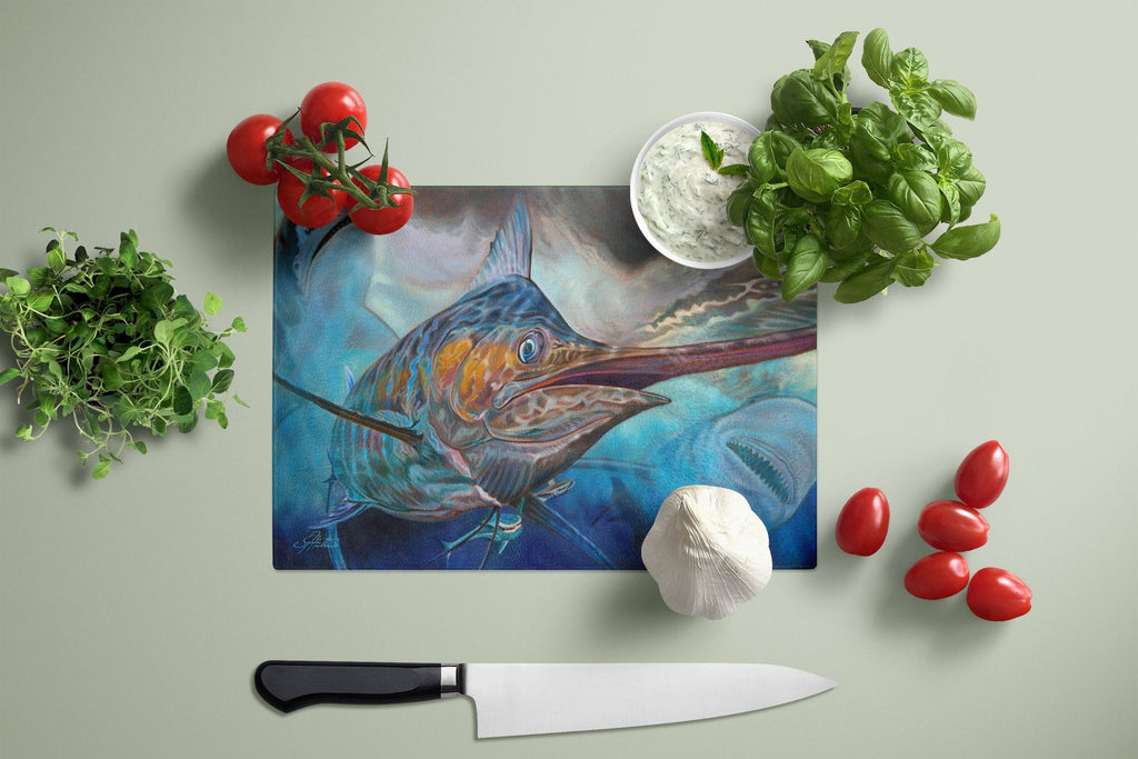 Running The Guantlet Blue Marlin Cutting Board Tempered Glass Kitchen Cutting Surface, Heat Resistant Chopping, Non-Slip Feet, Food Prep & Serving