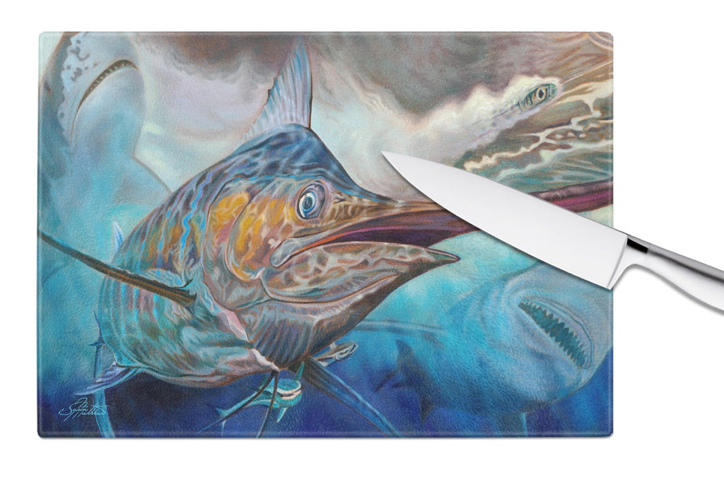 Running The Guantlet Blue Marlin Cutting Board Tempered Glass Kitchen Cutting Surface, Heat Resistant Chopping, Non-Slip Feet, Food Prep & Serving