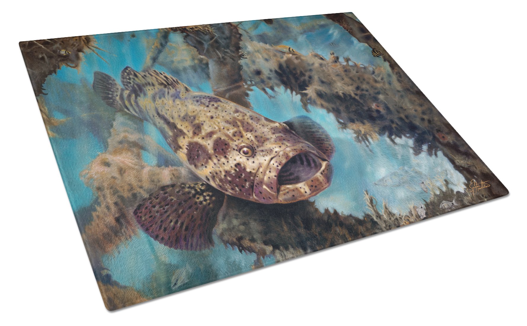 Golden Goliath Grouper Cutting Board Tempered Glass Kitchen Cutting Surface, Heat Resistant Chopping, Non-Slip Feet, Food Prep & Serving