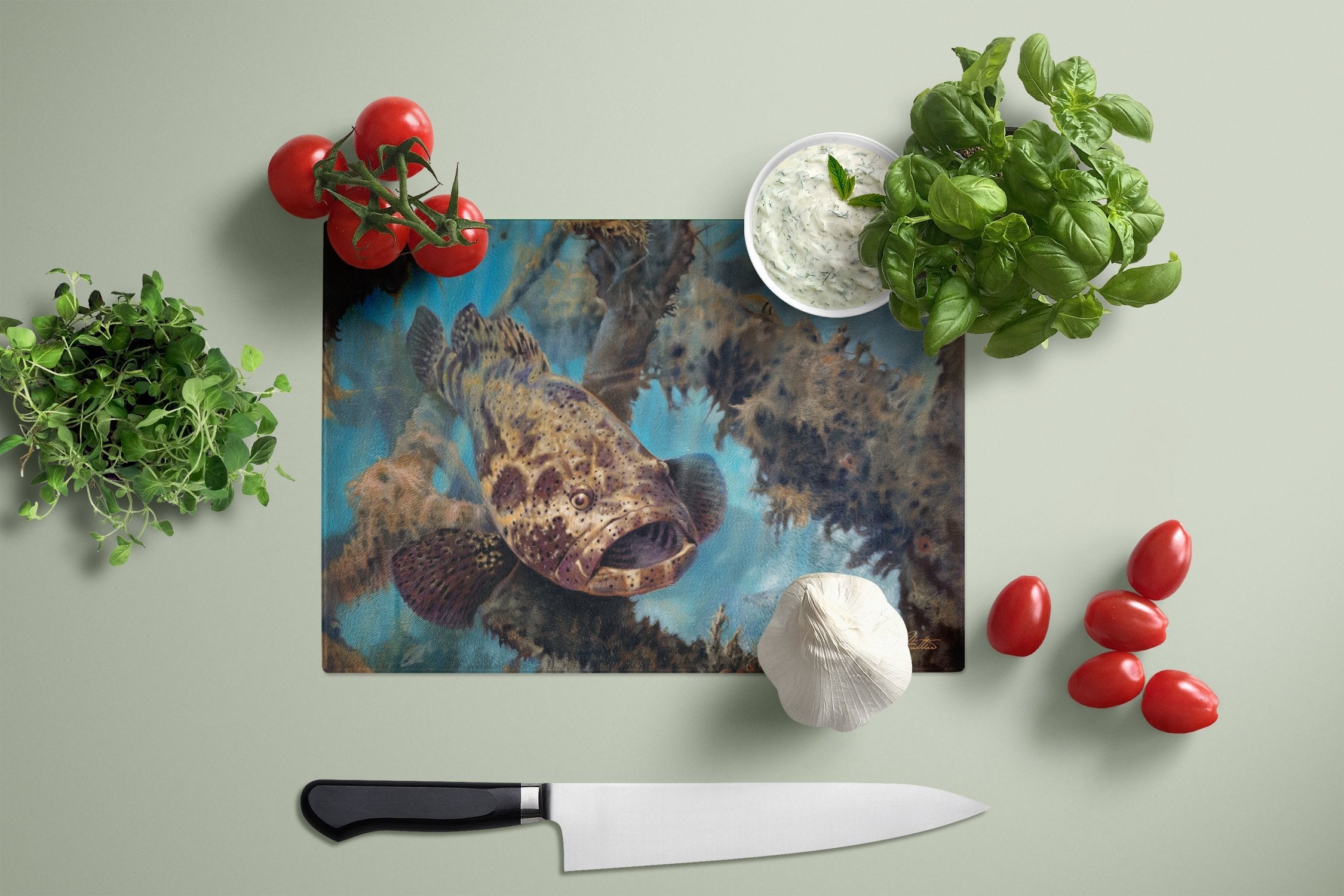 Golden Goliath Grouper Cutting Board Tempered Glass Kitchen Cutting Surface, Heat Resistant Chopping, Non-Slip Feet, Food Prep & Serving