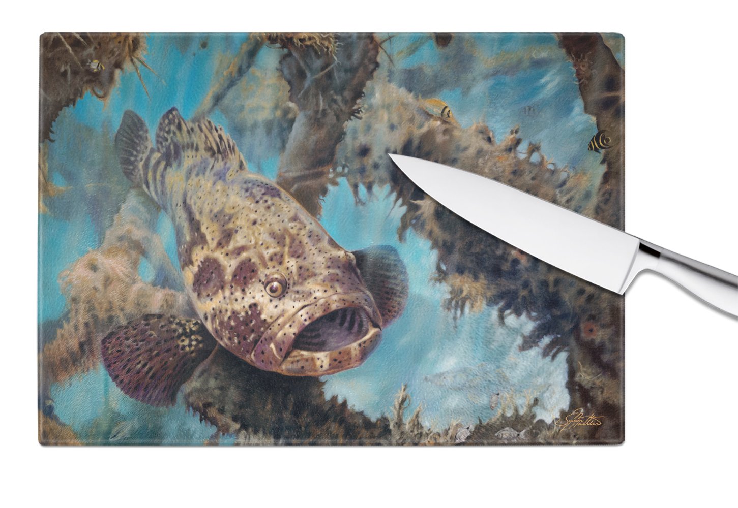 Golden Goliath Grouper Cutting Board Tempered Glass Kitchen Cutting Surface, Heat Resistant Chopping, Non-Slip Feet, Food Prep & Serving