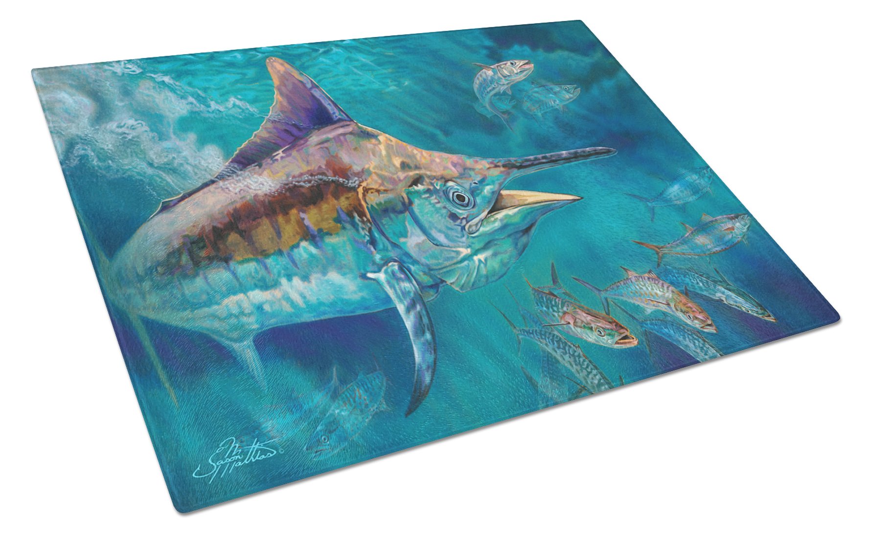 Liquid Metal Black Marlin Cutting Board Tempered Glass Kitchen Cutting Surface, Heat Resistant Chopping, Non-Slip Feet, Food Prep & Serving