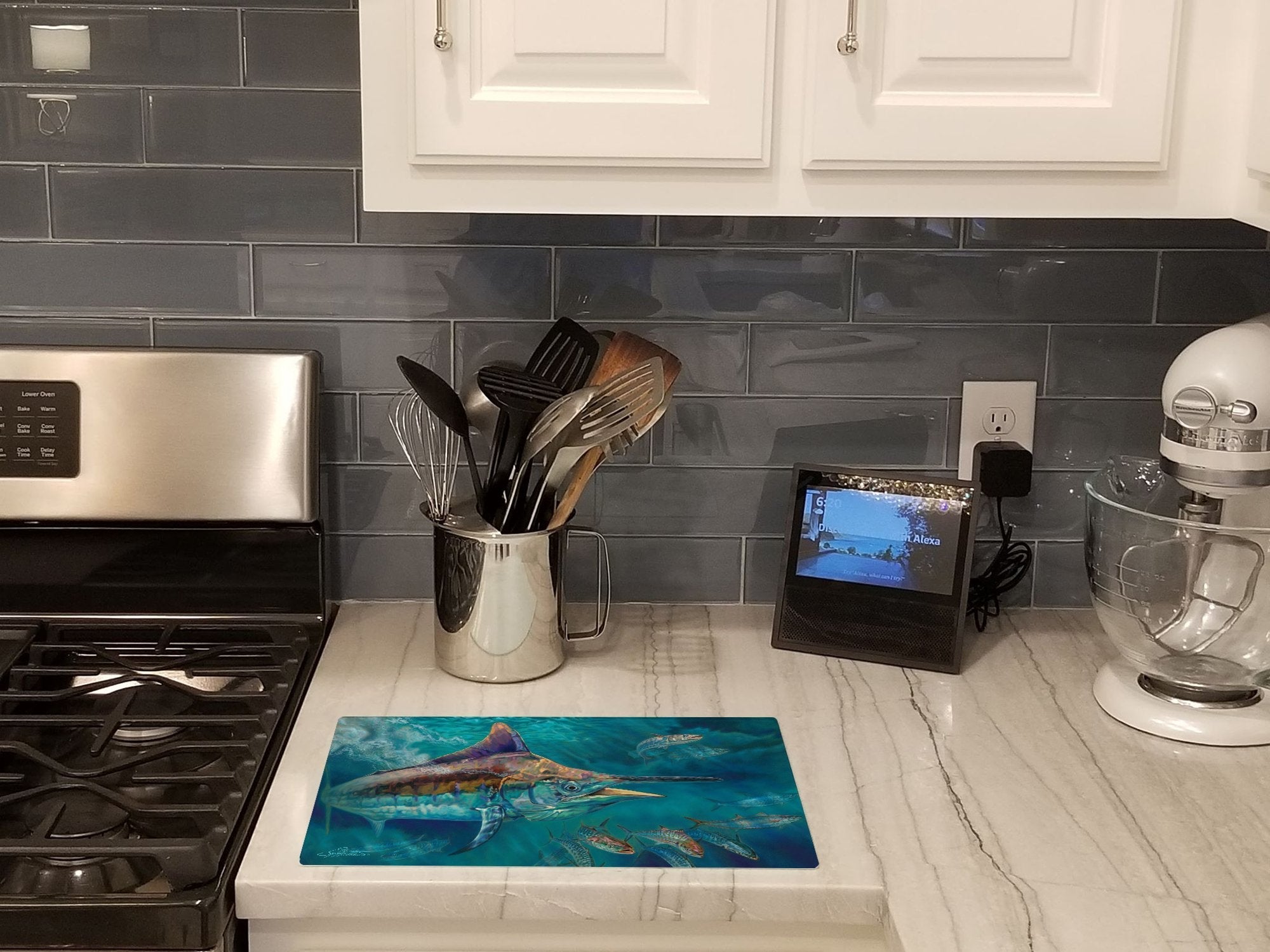 Liquid Metal Black Marlin Cutting Board Tempered Glass Kitchen Cutting Surface, Heat Resistant Chopping, Non-Slip Feet, Food Prep & Serving