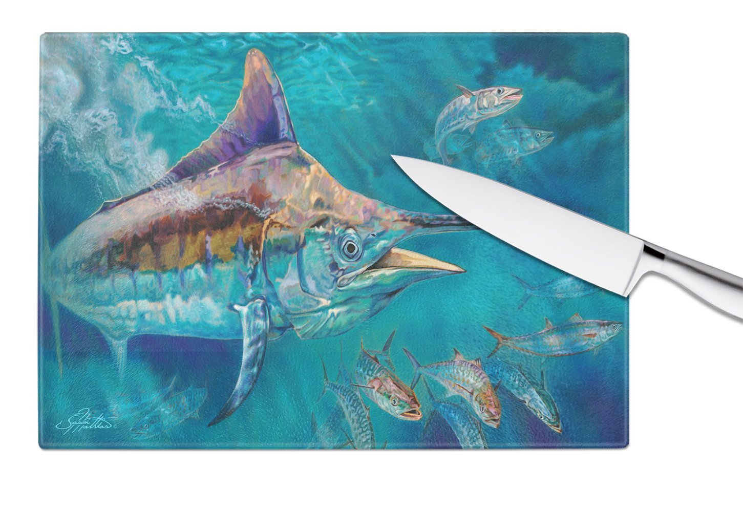 Liquid Metal Black Marlin Cutting Board Tempered Glass Kitchen Cutting Surface, Heat Resistant Chopping, Non-Slip Feet, Food Prep & Serving