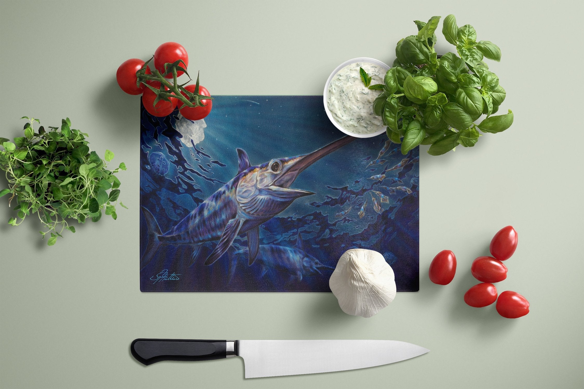 Prince Of Darkness Swordfish Cutting Board Tempered Glass Kitchen Cutting Surface, Heat Resistant Chopping, Non-Slip Feet, Food Prep & Serving