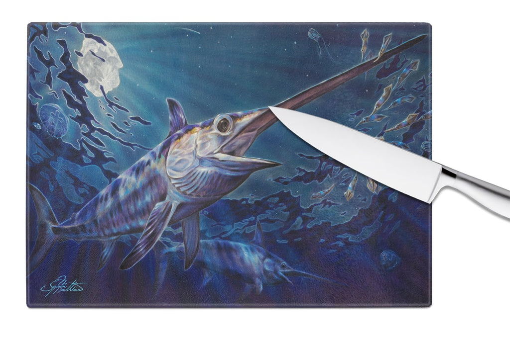 Prince Of Darkness Swordfish Cutting Board Tempered Glass Kitchen Cutting Surface, Heat Resistant Chopping, Non-Slip Feet, Food Prep & Serving