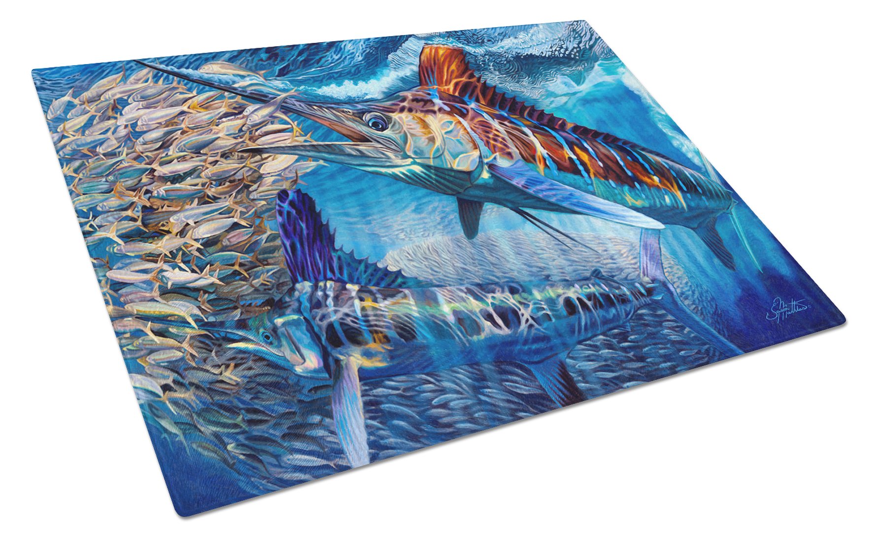 White Night White Marlin Cutting Board Tempered Glass Kitchen Cutting Surface, Heat Resistant Chopping, Non-Slip Feet, Food Prep & Serving