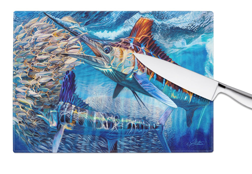 White Night White Marlin Cutting Board Tempered Glass Kitchen Cutting Surface, Heat Resistant Chopping, Non-Slip Feet, Food Prep & Serving
