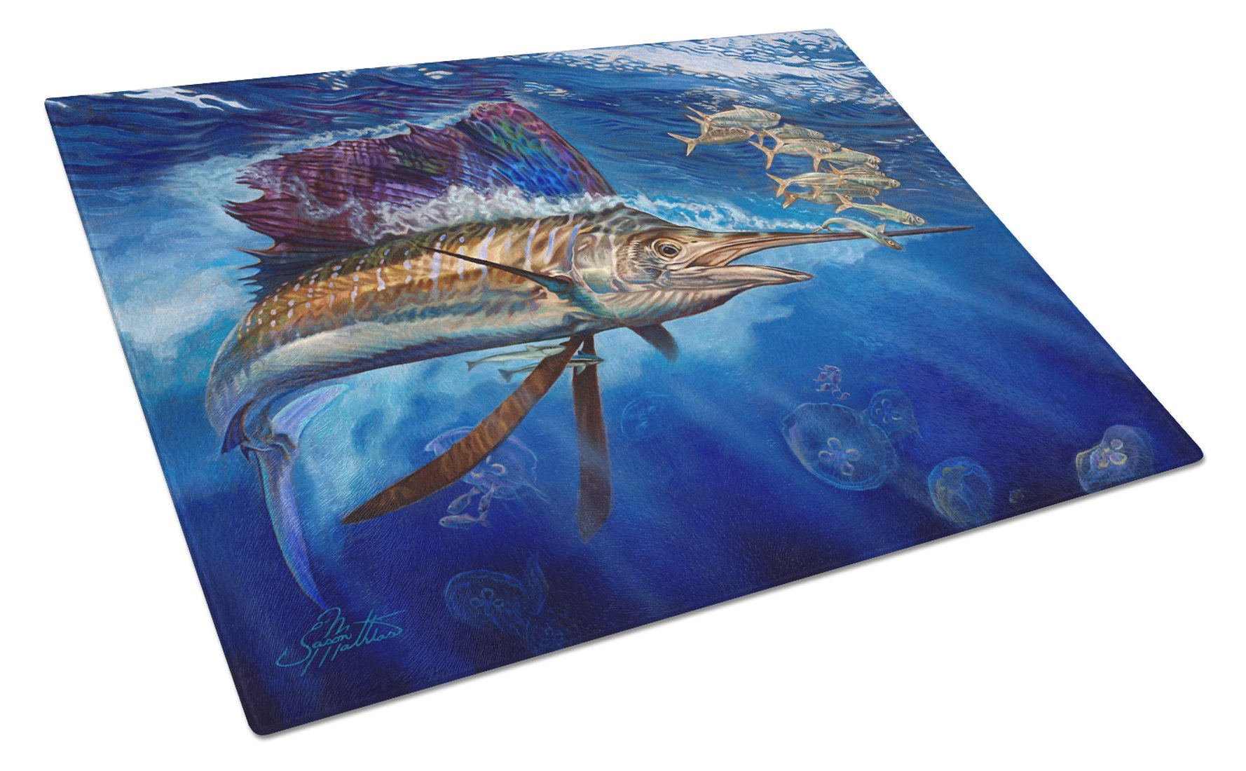 Majesty Sailfish Cutting Board Tempered Glass Kitchen Cutting Surface, Heat Resistant Chopping, Non-Slip Feet, Food Prep & Serving