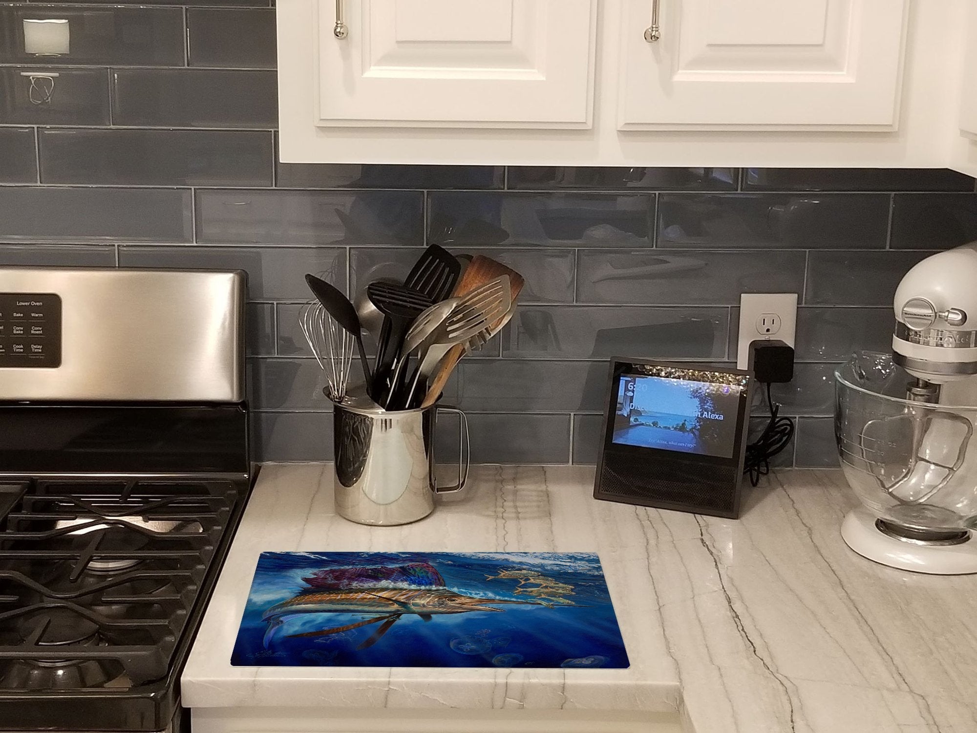 Majesty Sailfish Cutting Board Tempered Glass Kitchen Cutting Surface, Heat Resistant Chopping, Non-Slip Feet, Food Prep & Serving