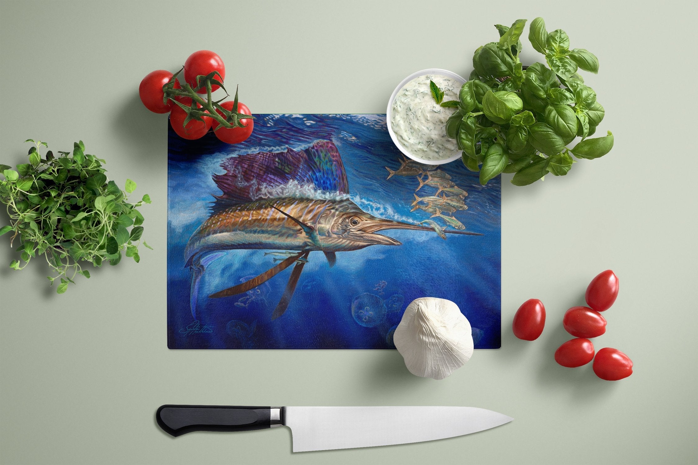 Majesty Sailfish Cutting Board Tempered Glass Kitchen Cutting Surface, Heat Resistant Chopping, Non-Slip Feet, Food Prep & Serving
