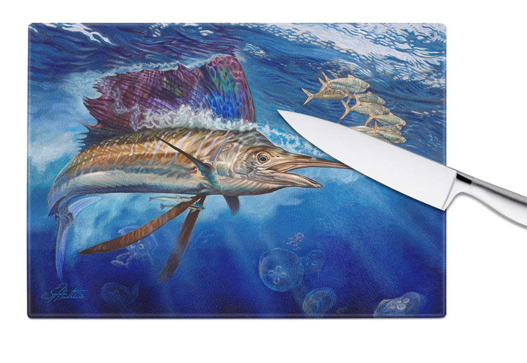 Majesty Sailfish Cutting Board Tempered Glass Kitchen Cutting Surface, Heat Resistant Chopping, Non-Slip Feet, Food Prep & Serving