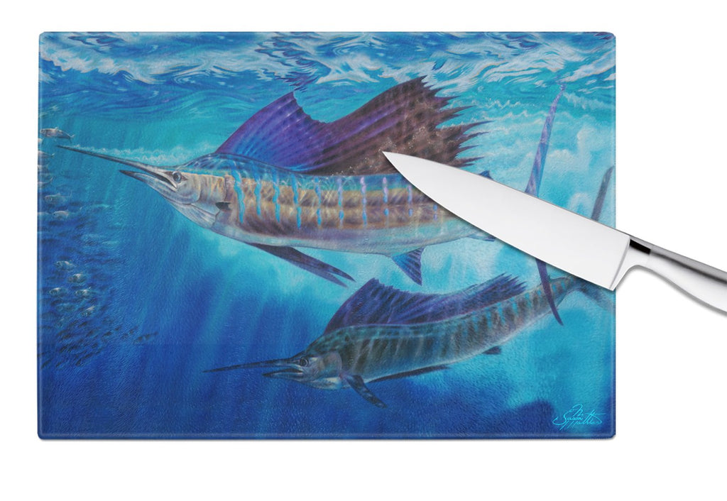 Wide Open Sailfish Cutting Board Tempered Glass Kitchen Cutting Surface, Heat Resistant Chopping, Non-Slip Feet, Food Prep & Serving