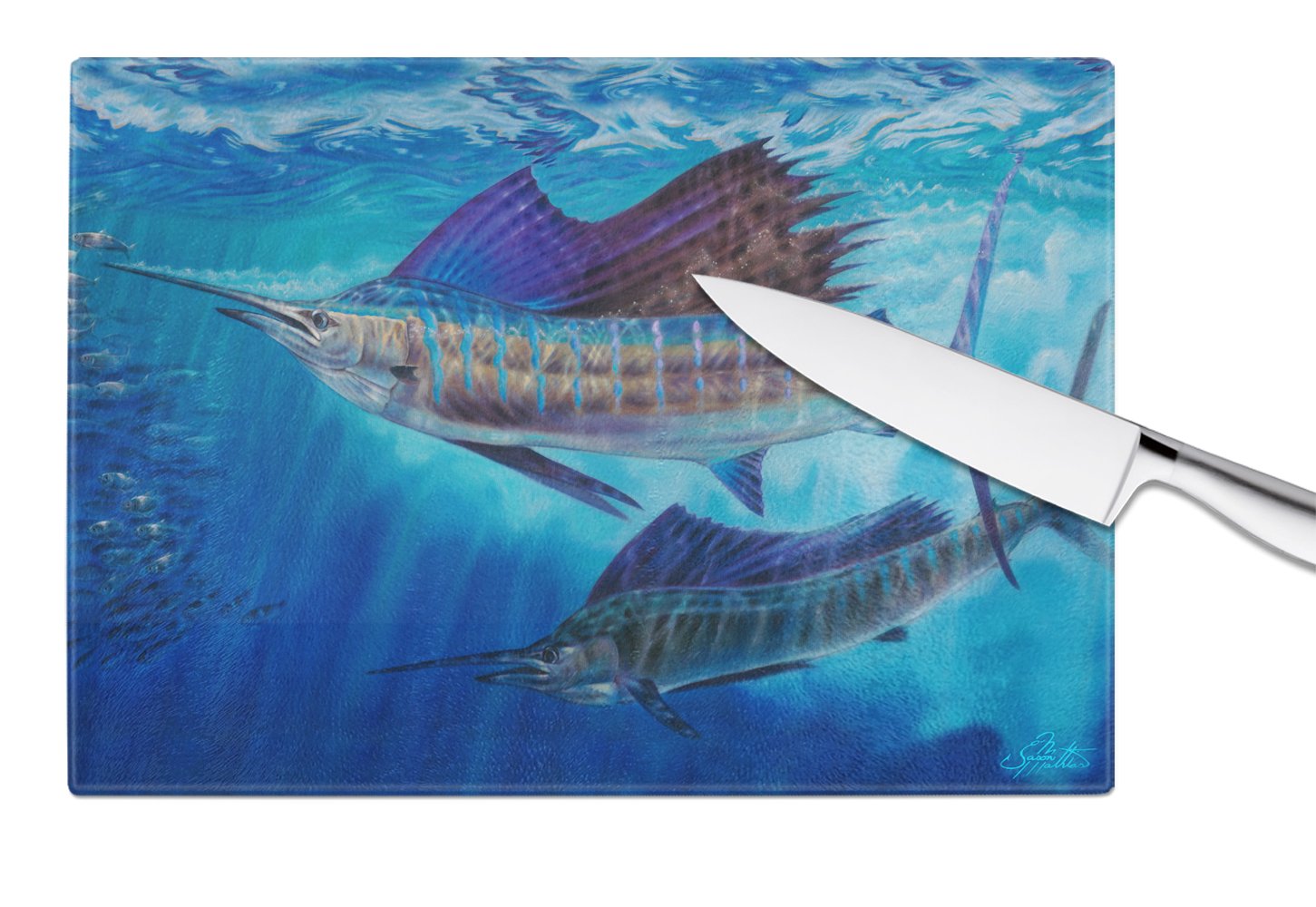 Wide Open Sailfish Cutting Board Tempered Glass Kitchen Cutting Surface, Heat Resistant Chopping, Non-Slip Feet, Food Prep & Serving