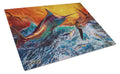 Reflective Chaos Blue Marlin Cutting Board Tempered Glass Kitchen Cutting Surface, Heat Resistant Chopping, Non-Slip Feet, Food Prep & Serving