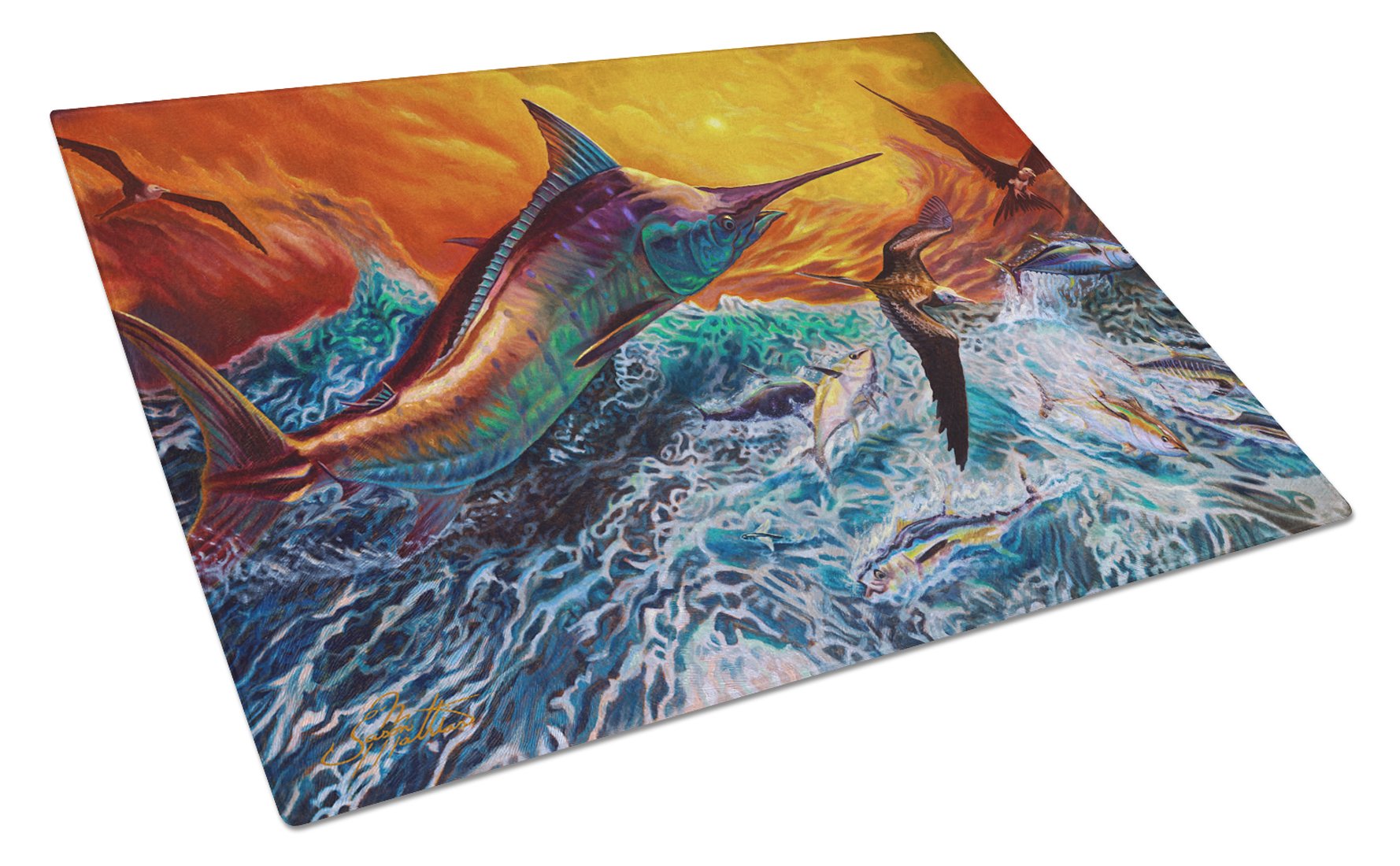 Reflective Chaos Blue Marlin Cutting Board Tempered Glass Kitchen Cutting Surface, Heat Resistant Chopping, Non-Slip Feet, Food Prep & Serving