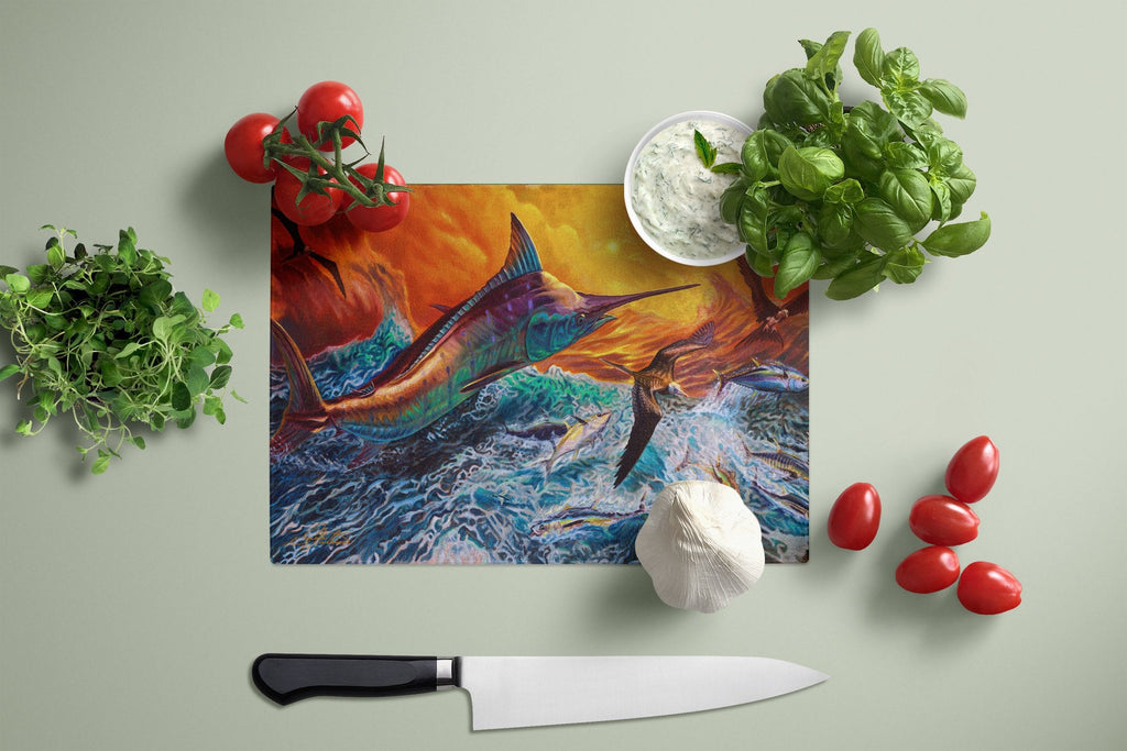 Reflective Chaos Blue Marlin Cutting Board Tempered Glass Kitchen Cutting Surface, Heat Resistant Chopping, Non-Slip Feet, Food Prep & Serving