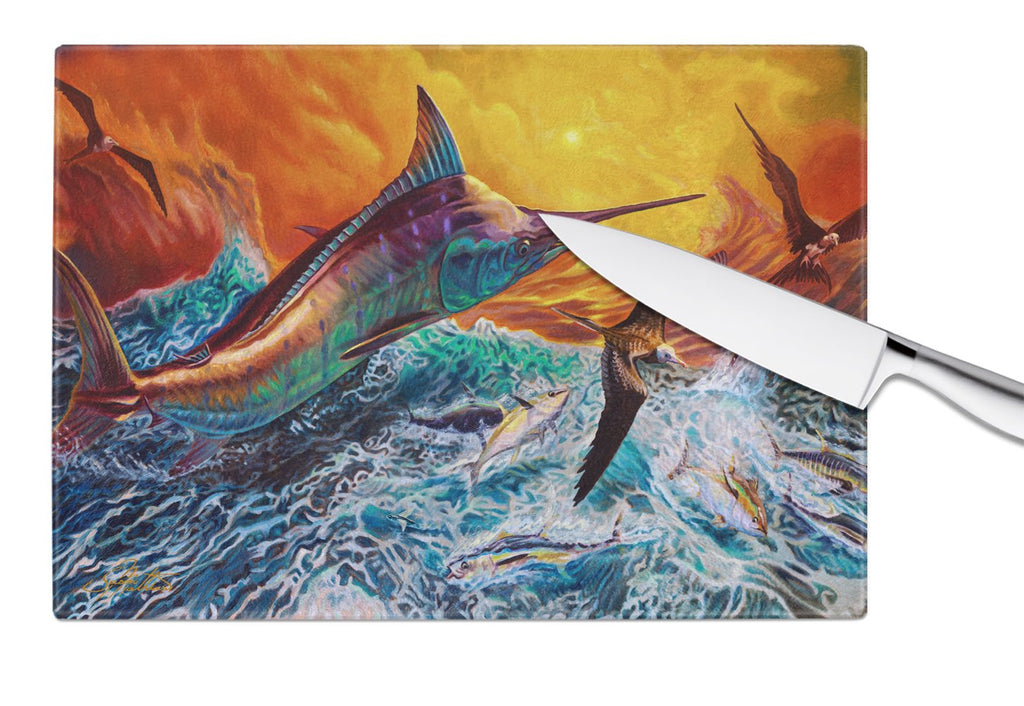 Reflective Chaos Blue Marlin Cutting Board Tempered Glass Kitchen Cutting Surface, Heat Resistant Chopping, Non-Slip Feet, Food Prep & Serving