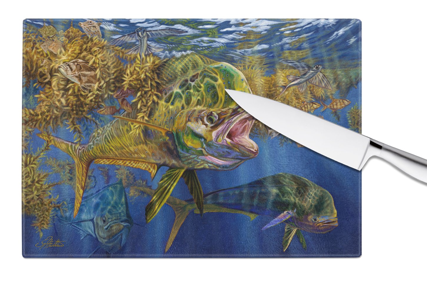 Seaweed Salad Mahi Cutting Board Tempered Glass Kitchen Cutting Surface, Heat Resistant Chopping, Non-Slip Feet, Food Prep & Serving