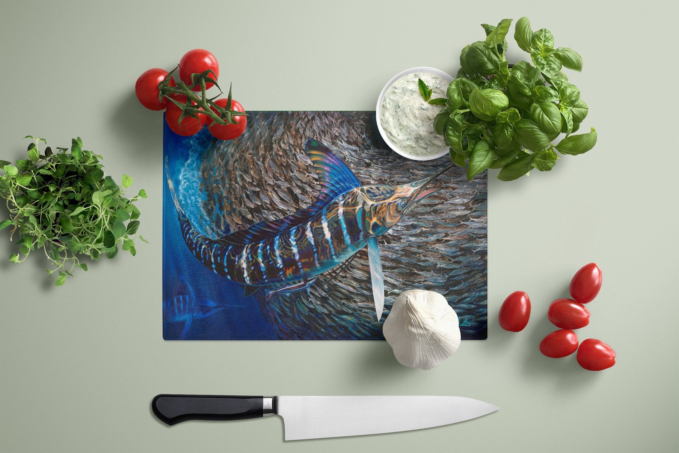 Striped Gem Striped Marlin Cutting Board Tempered Glass Kitchen Cutting Surface, Heat Resistant Chopping, Non-Slip Feet, Food Prep & Serving